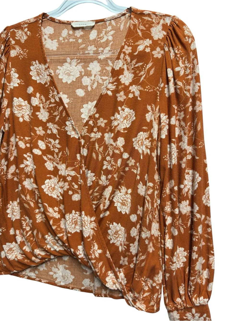 Pure Rayon Gauze Chambray Flannel Knit Rust Floral Drape Wrap Surplice Blouse